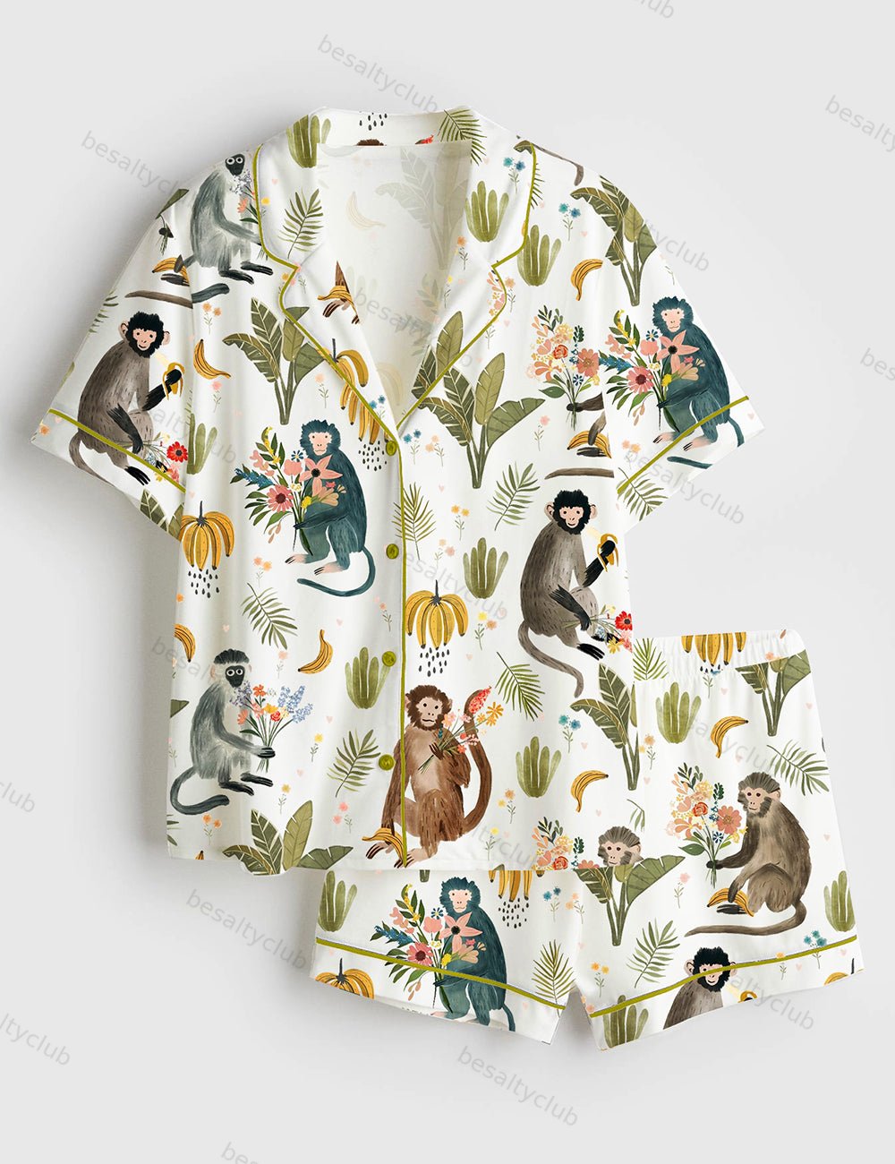Wildflower Bouquets With A Side Of Monkey Bananas Short Sleeve Satin Pajama Set