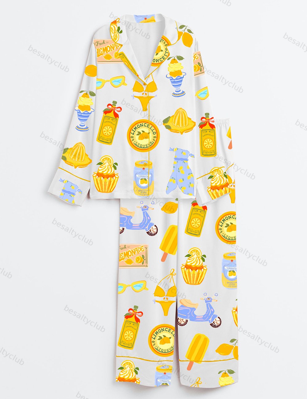 Lemon Print Summer Travel Art Long Sleeve Satin Pajama Set