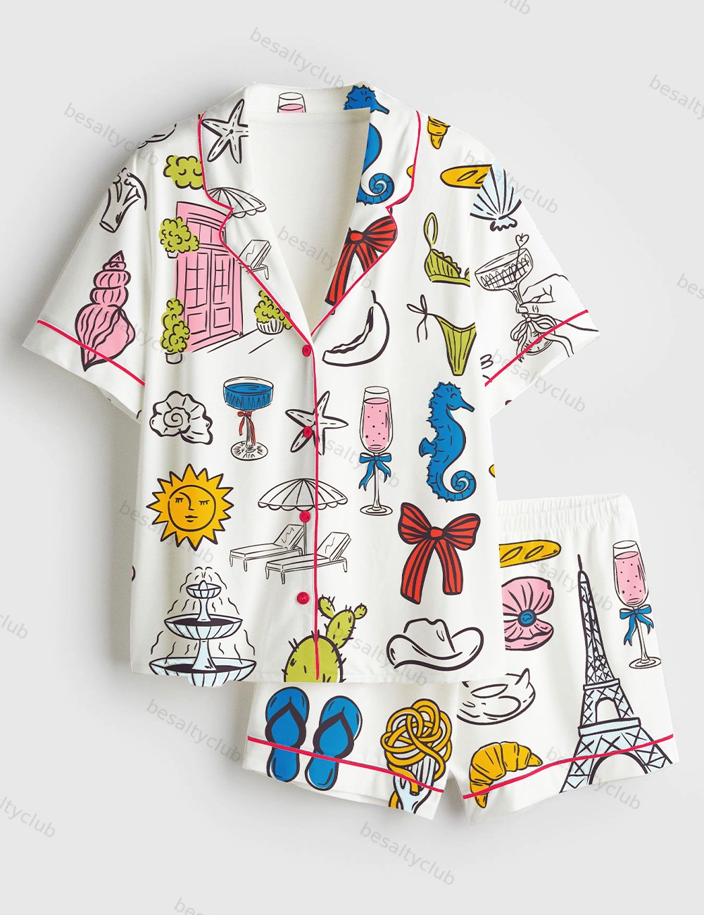 Whimsical Summer Coastal Wedding Italian Food Greece Aesthetic & Beach Life Print Short Sleeve Satin Pajama Set