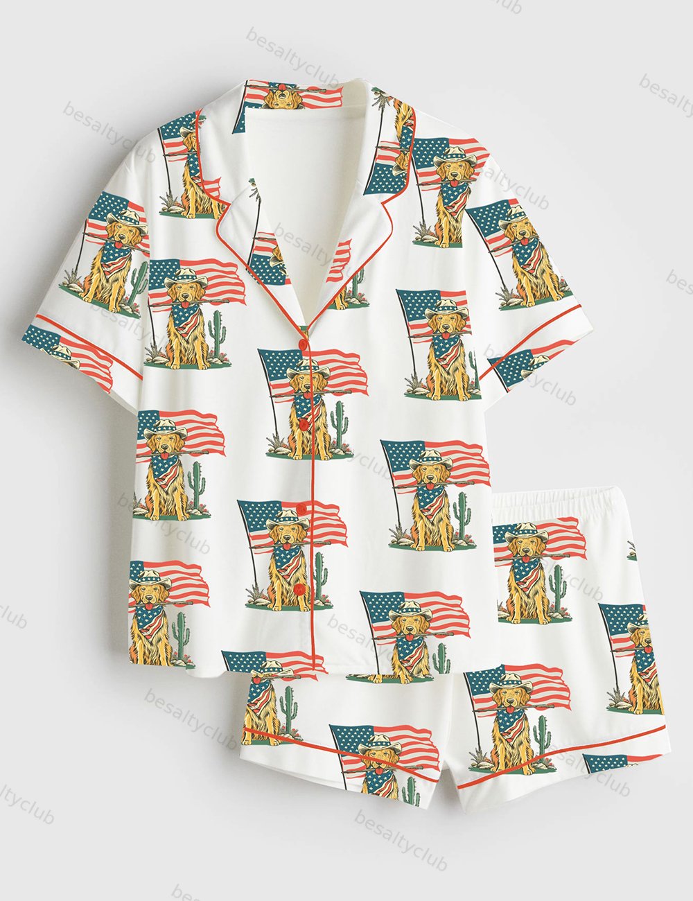 American Golden Retriever Cowboy Dog American Flag 4th Of July Western Short Sleeve Satin Pajama Set