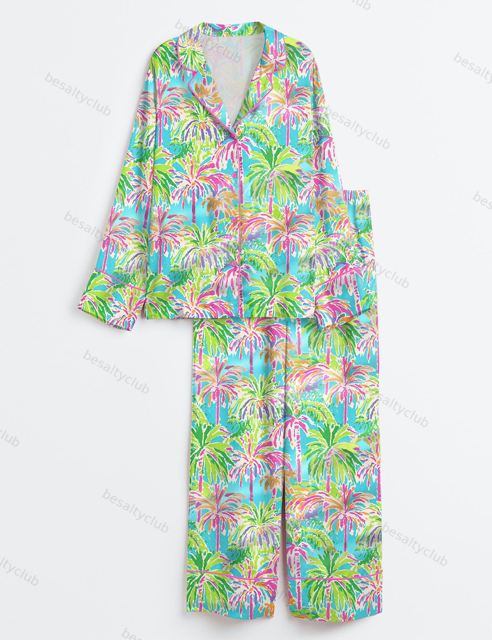 Preppy Palm Tree Tropical Bright Island Beach Long Sleeve Satin Pajama Set