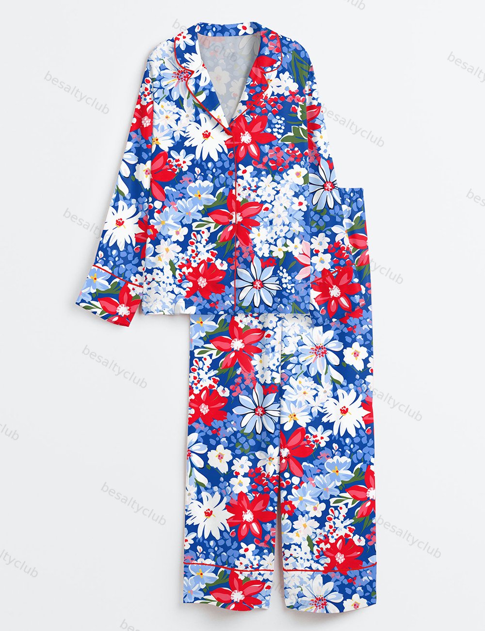 Red White And Blue Flowers Patriotic 4th Of July Long Sleeve Satin Pajama Set