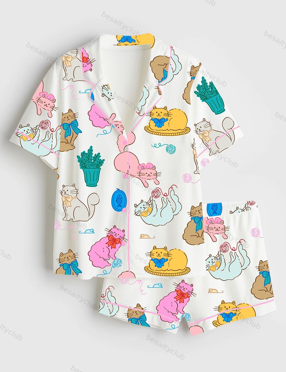 Colorful Cat With A Bow Playing With Balls Of Yarn And Potted Plant Short Sleeve Satin Pajama Set