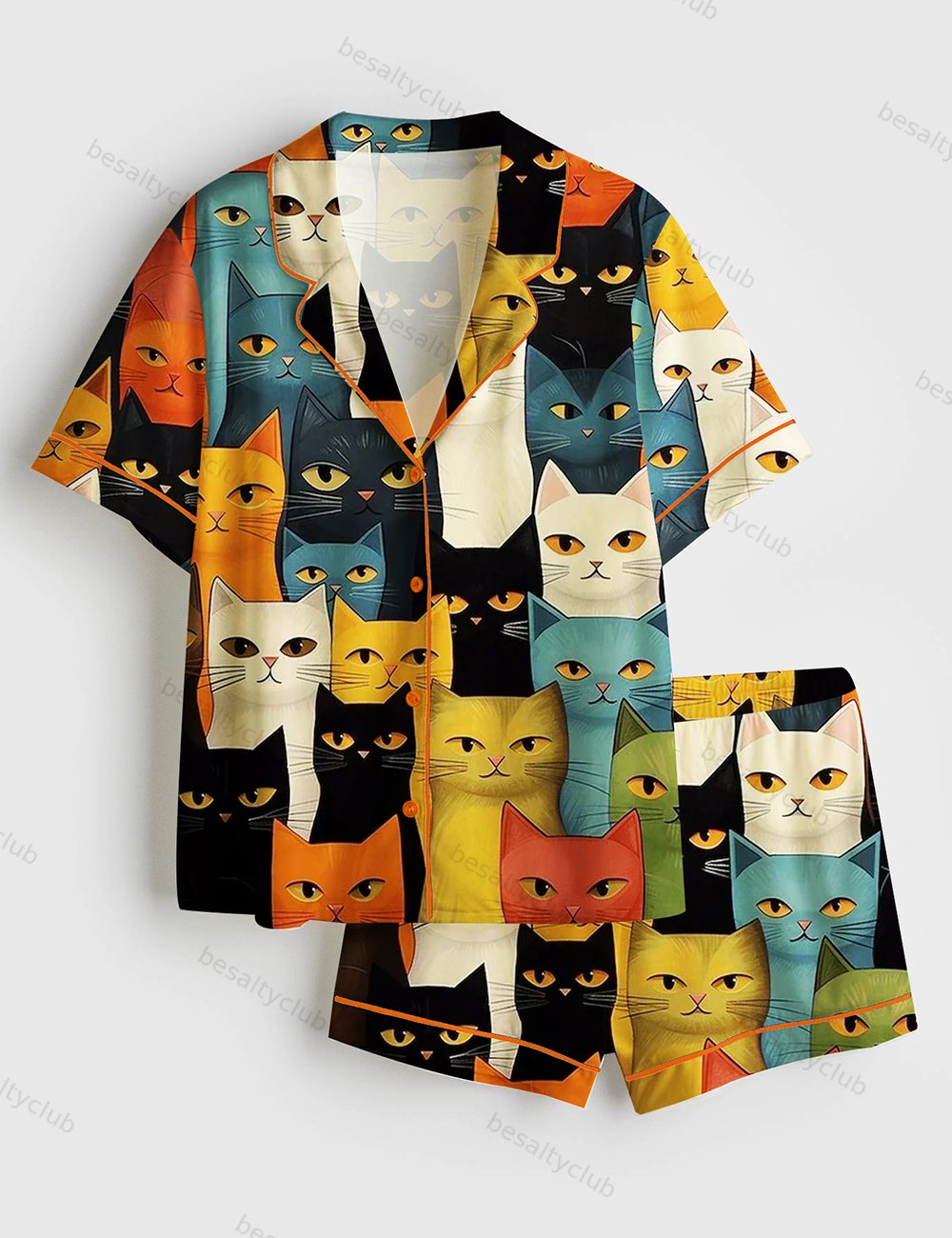 Staring Colorful Cat Short Sleeve Satin Pajama Set