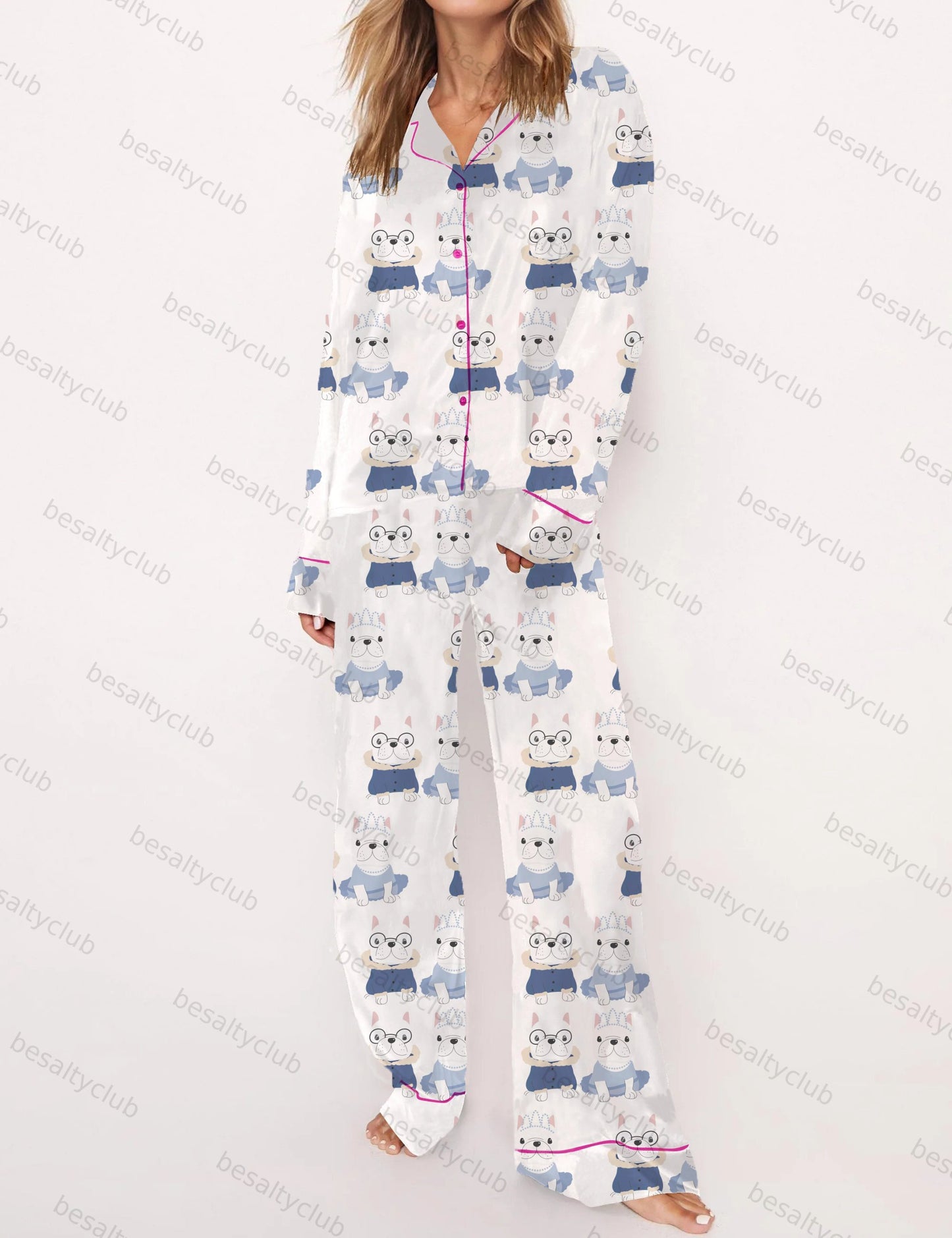 French Bulldog Satin White Pajama Set