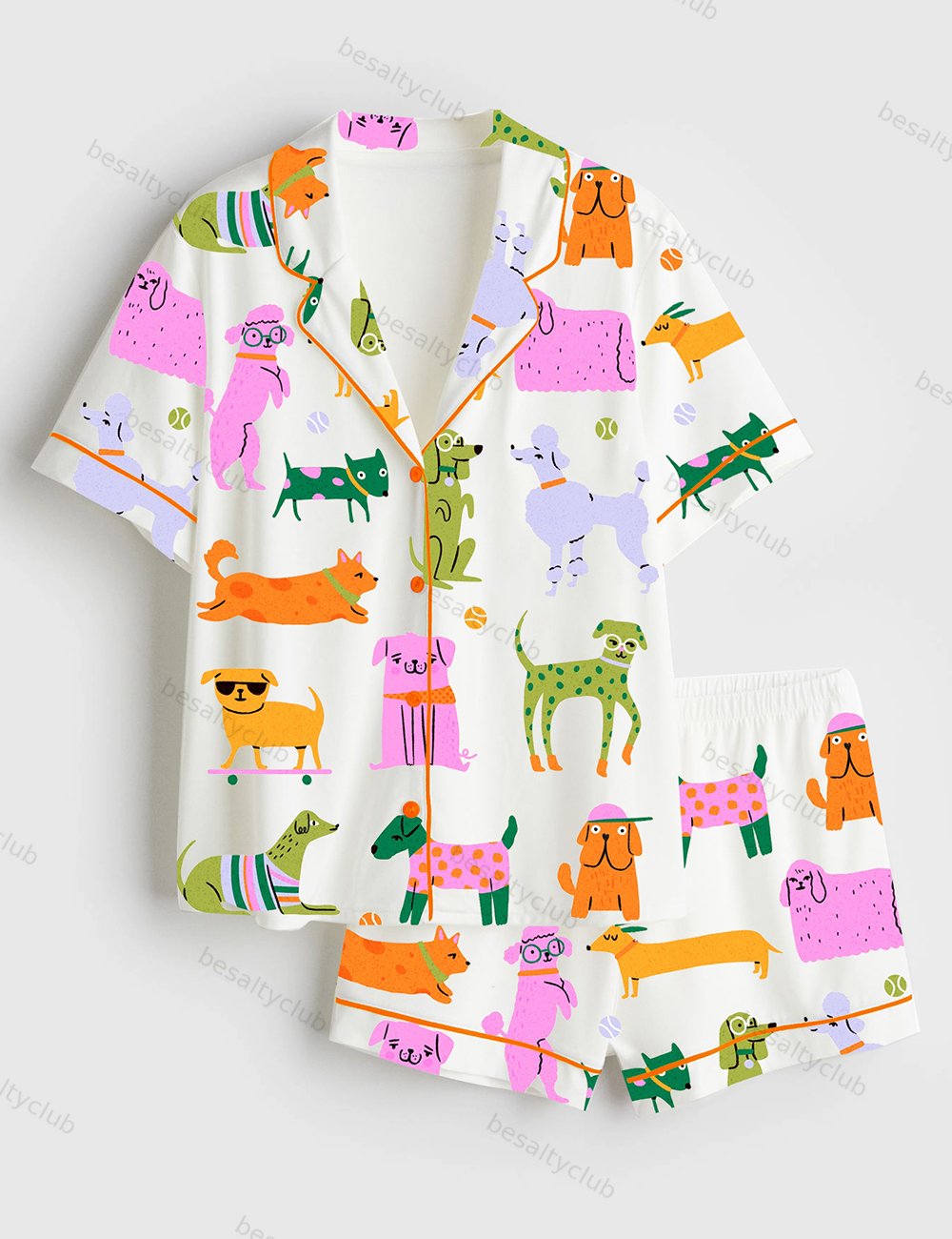 Colorful Dog Short Sleeve Satin Pajama Set
