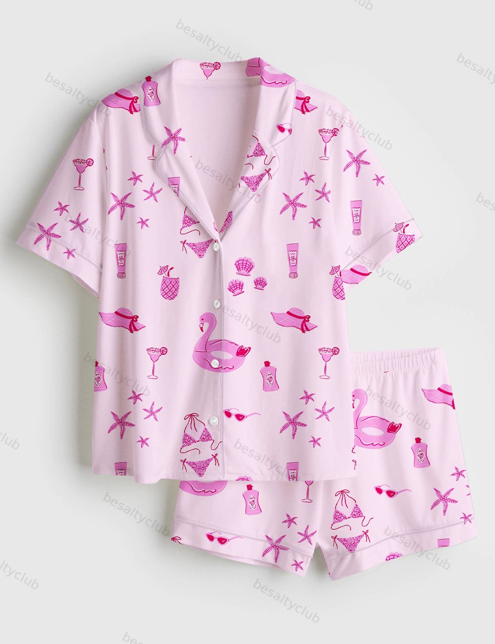 Summer Cocktail Breezy Beach Vacation Short Sleeve Satin Pajama Set