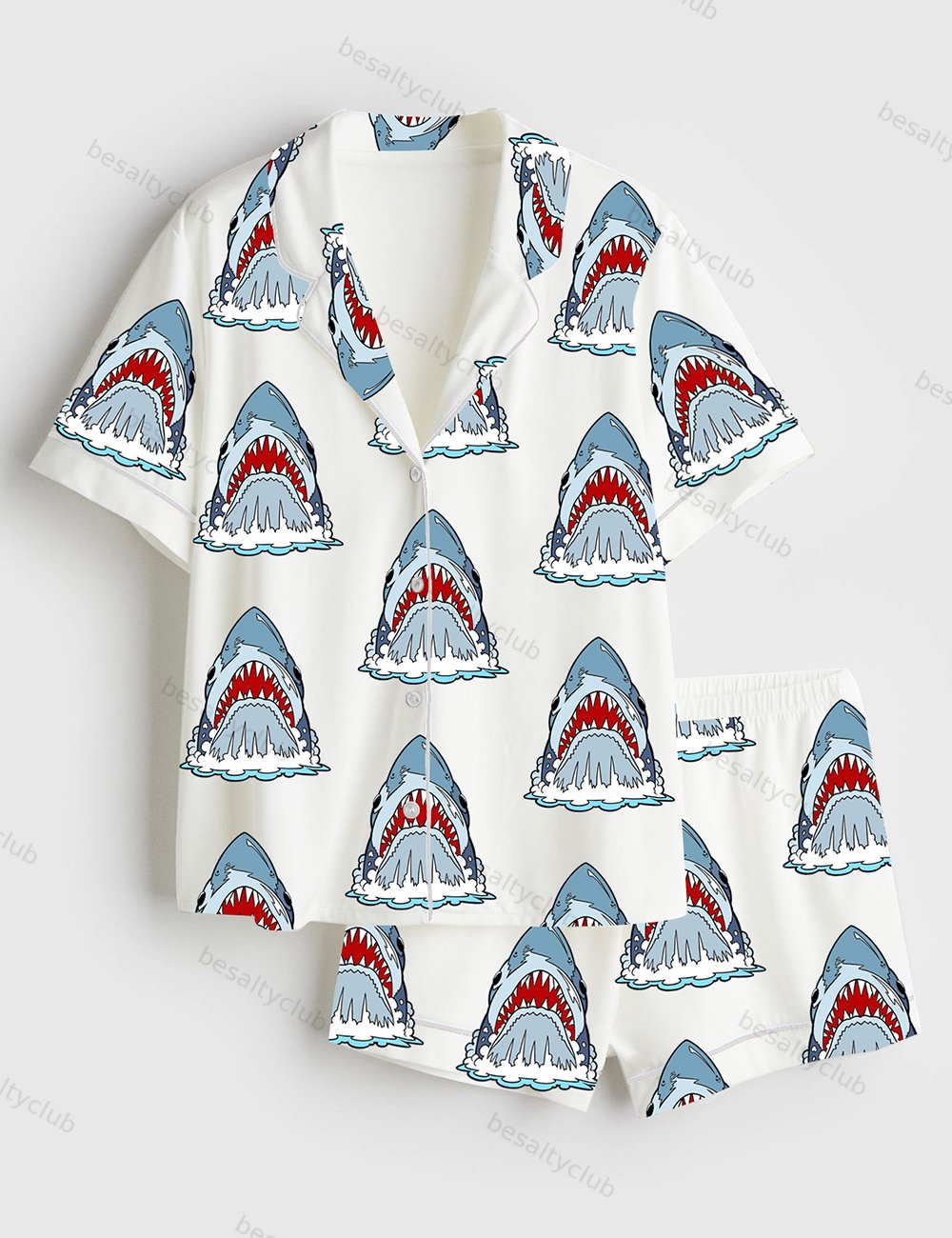 Women's Retro Shark Movie Short Sleeve Satin Pajama Set
