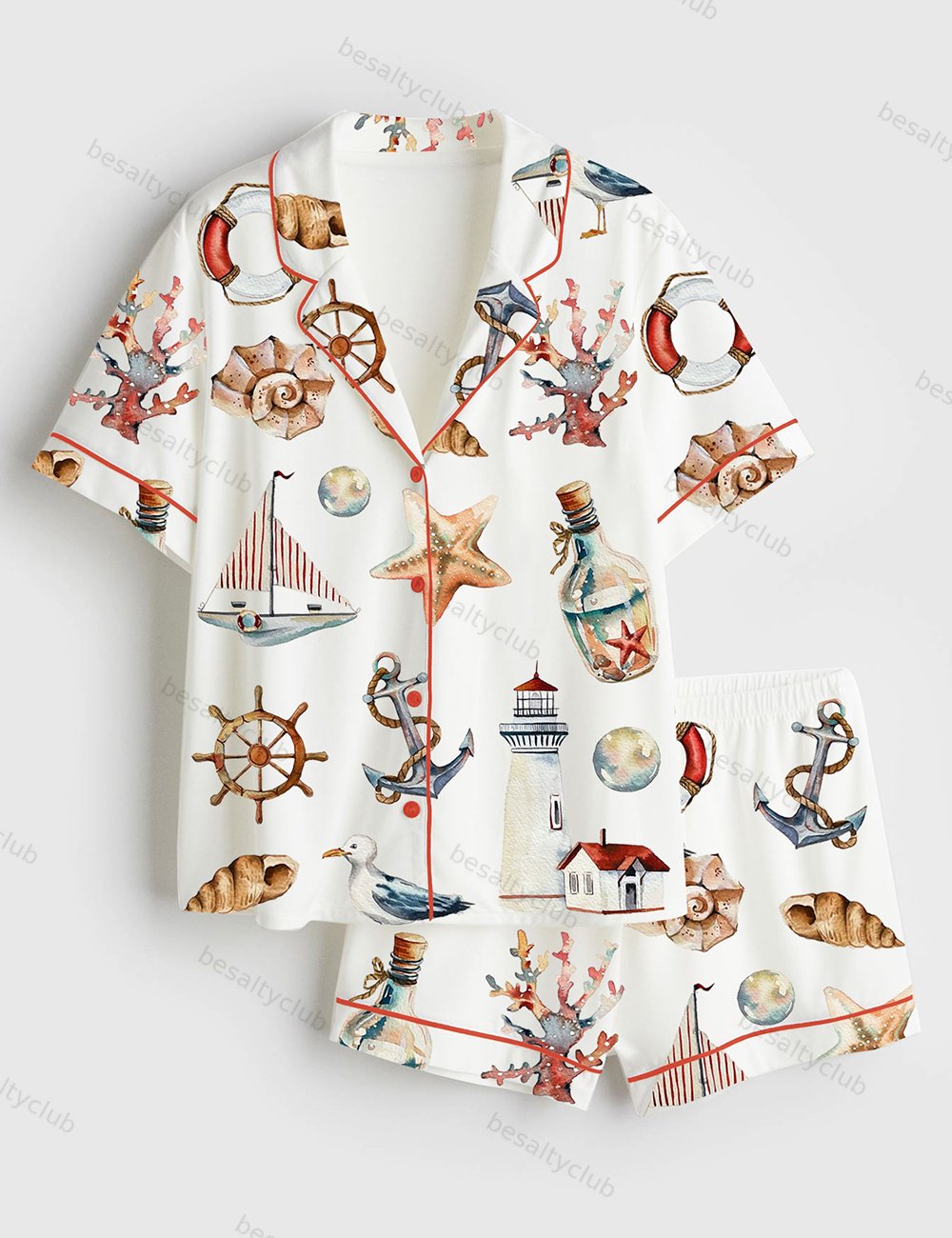 Watercolor Sea Illustrations Short Sleeve Satin Pajama Set