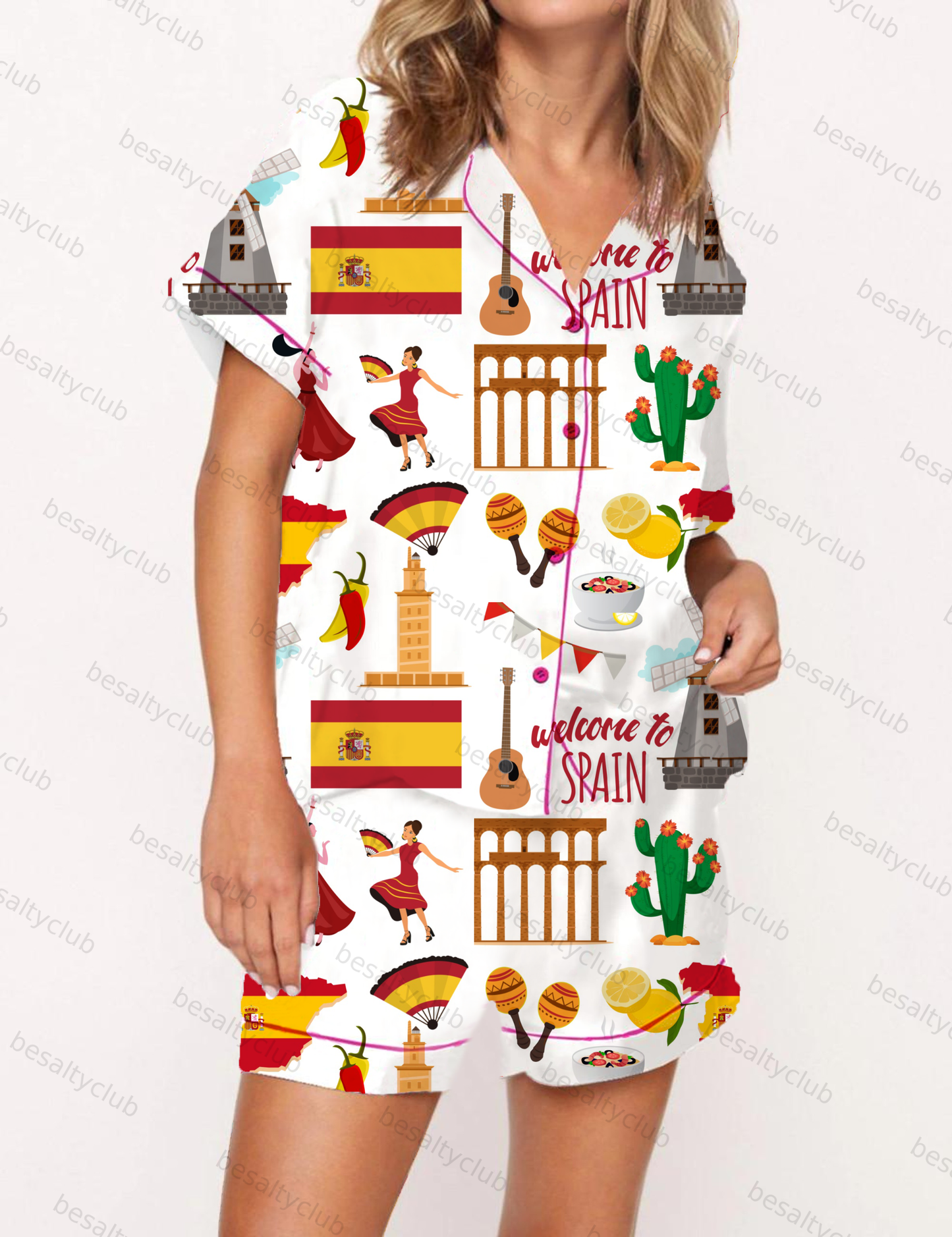 Spain Travel Silky Satin Pajama Short Set