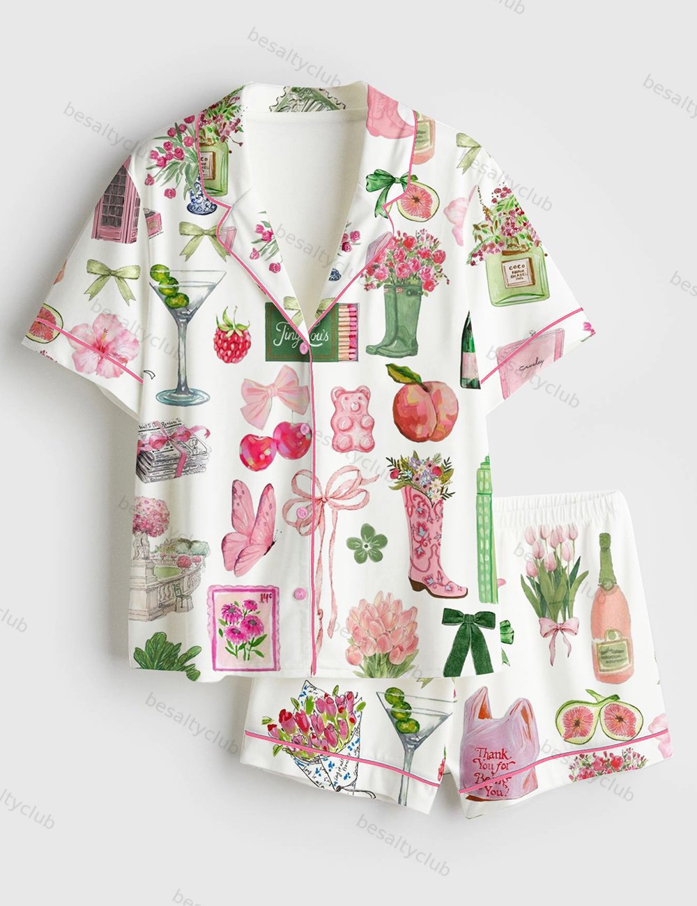 Wedding Icons Champagne Wedding Pink Travel Espresso Martini Aperol Spritz Trio Cowboy Boots Short Sleeve Satin Pajama Set