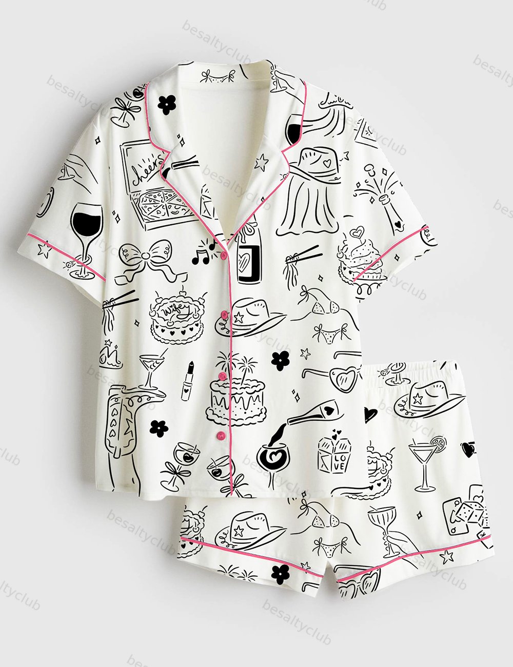 Hand Drawn Bachelorette Whimsical Girls Night Bach Party Print Short Sleeve Satin Pajama Set