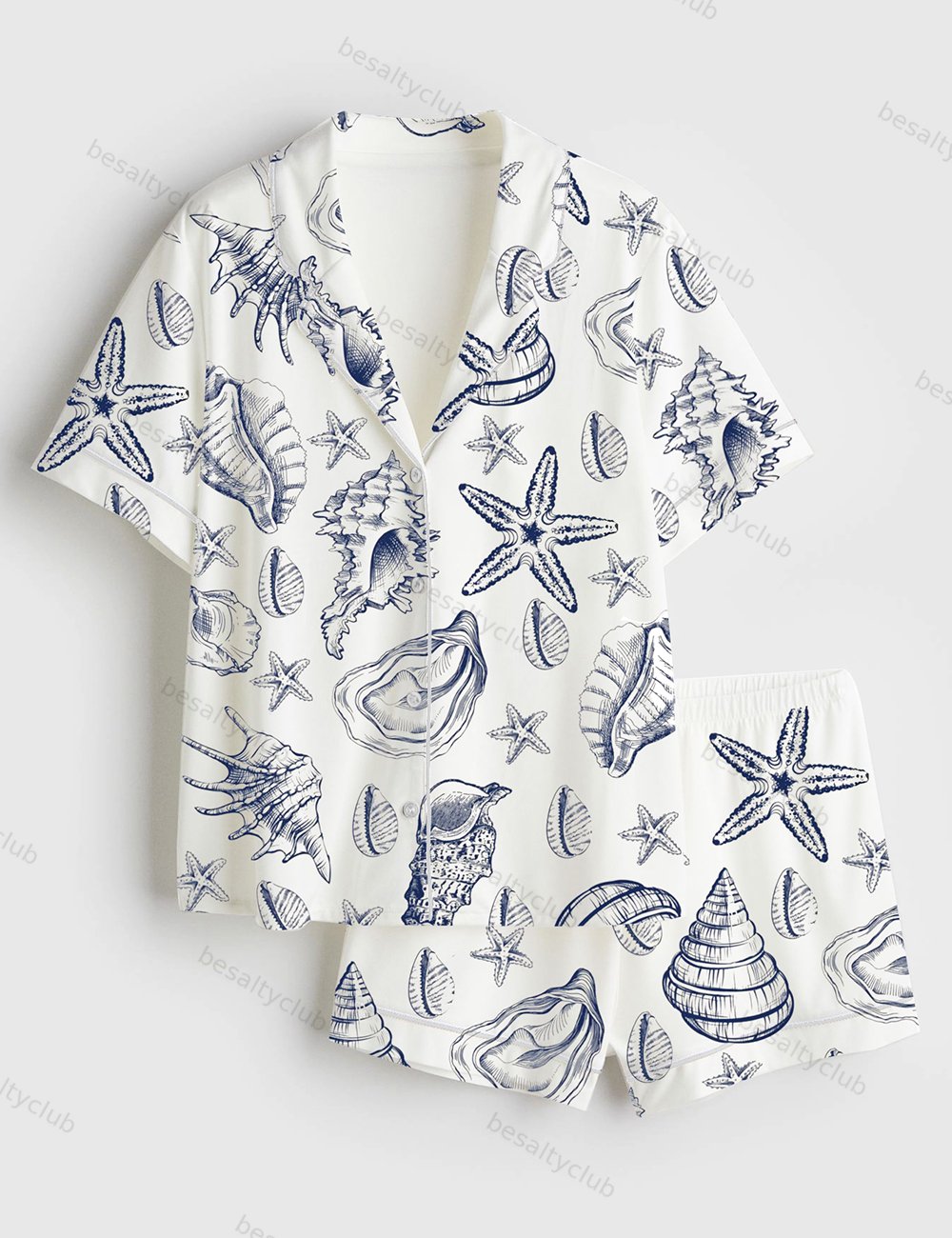 Vintage Seashell Coastal Aesthetic Summer Beach Vibes Print Short Sleeve Satin Pajama Set