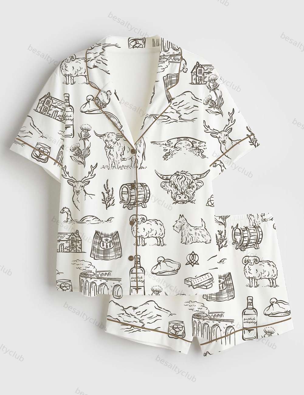 Scotland Whimsical Style Scottish Highlands Whisky Castles And Love On The Moors Short Sleeve Satin Pajama Set