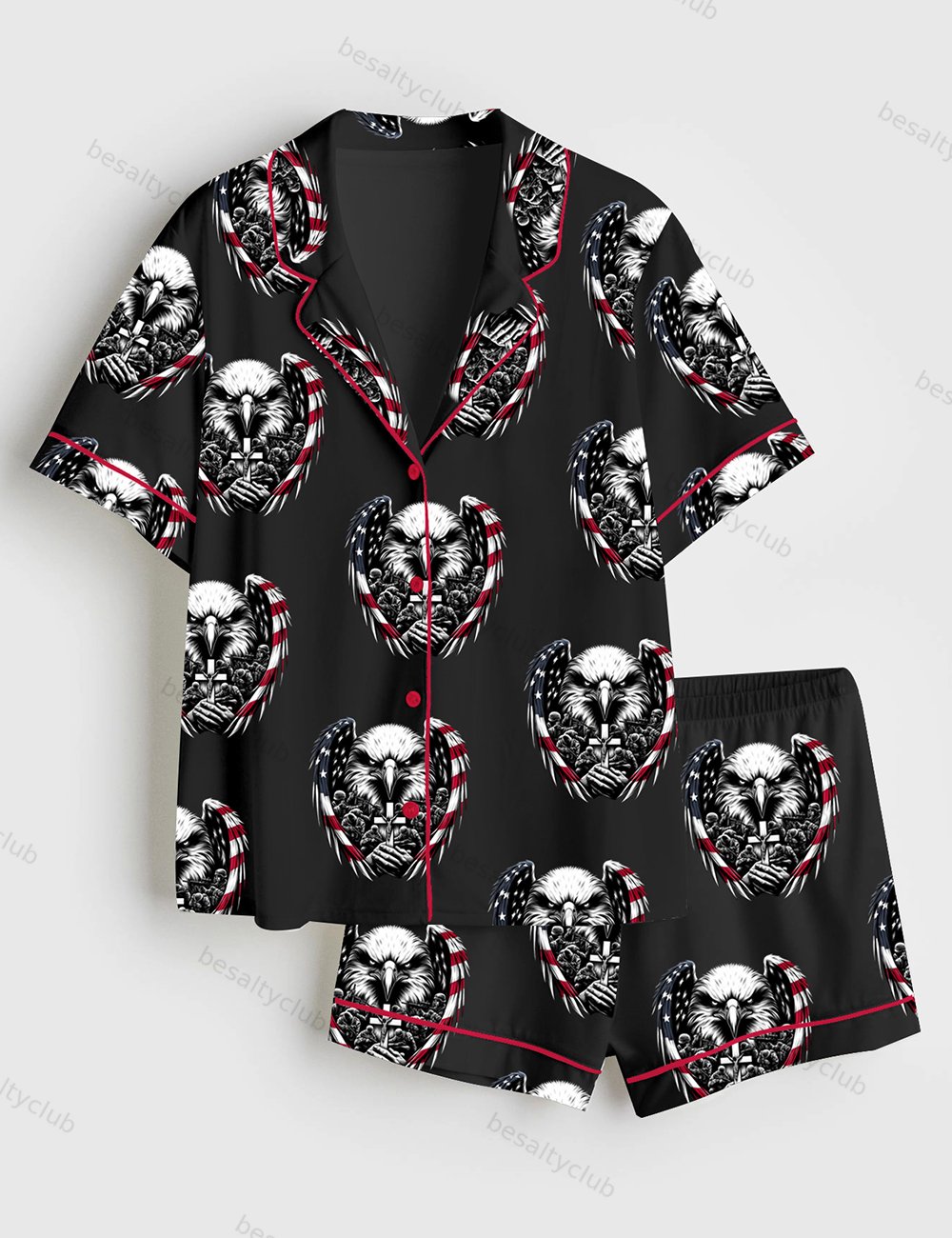 American Flag Eagle 4th Of July Eagle Through Flag Memorial Day Print Short Sleeve Satin Pajama Set