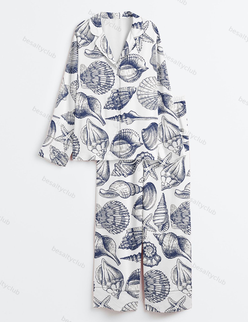 Vintage Seashell Coastal Aesthetic Summer Beach Travel Ocean Print Long Sleeve Satin Pajama Set