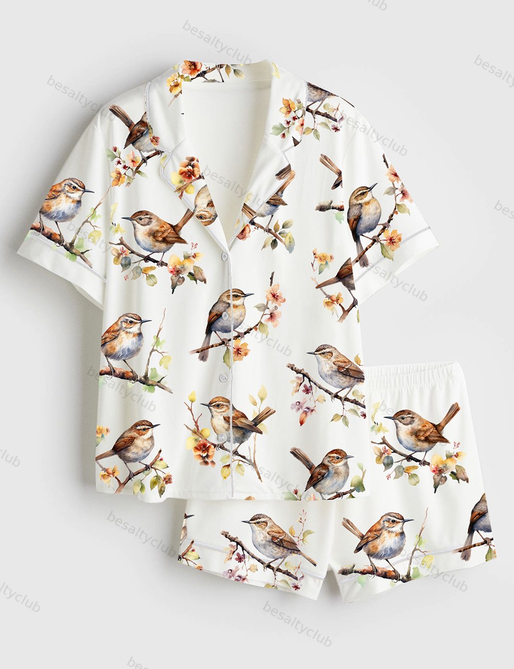 Wren Bird Nature Wildlife Short Sleeve Satin Pajama Set