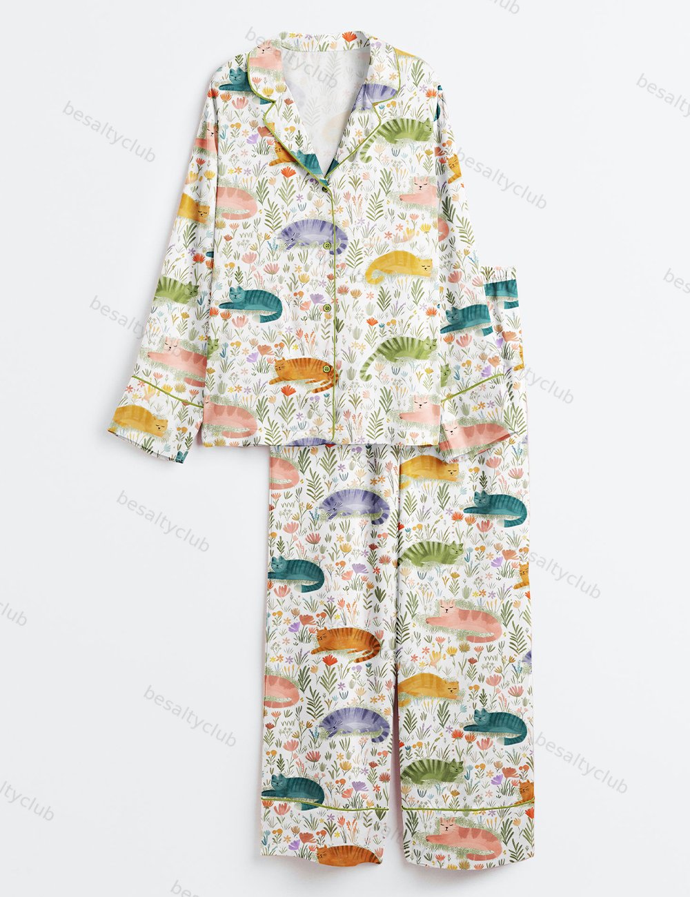 Cat Flower Cat Lover Long Sleeve Satin Pajama Set