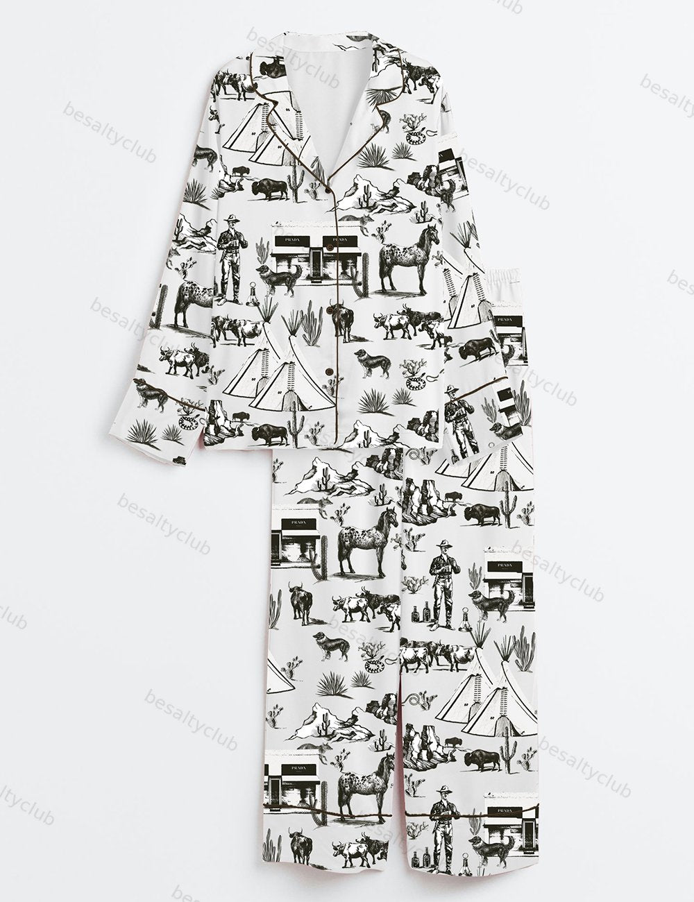 Wild West Adventure Western Cowgirl Print Long Sleeve Satin Pajama Set