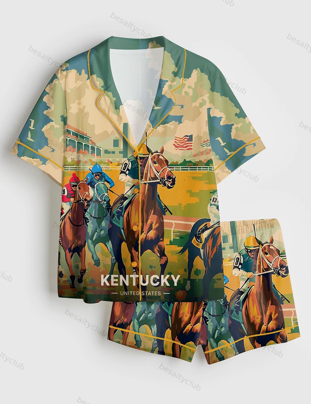 Kentucky Derby Travel 151st Run For The Roses Print Short Sleeve Satin Pajama Set