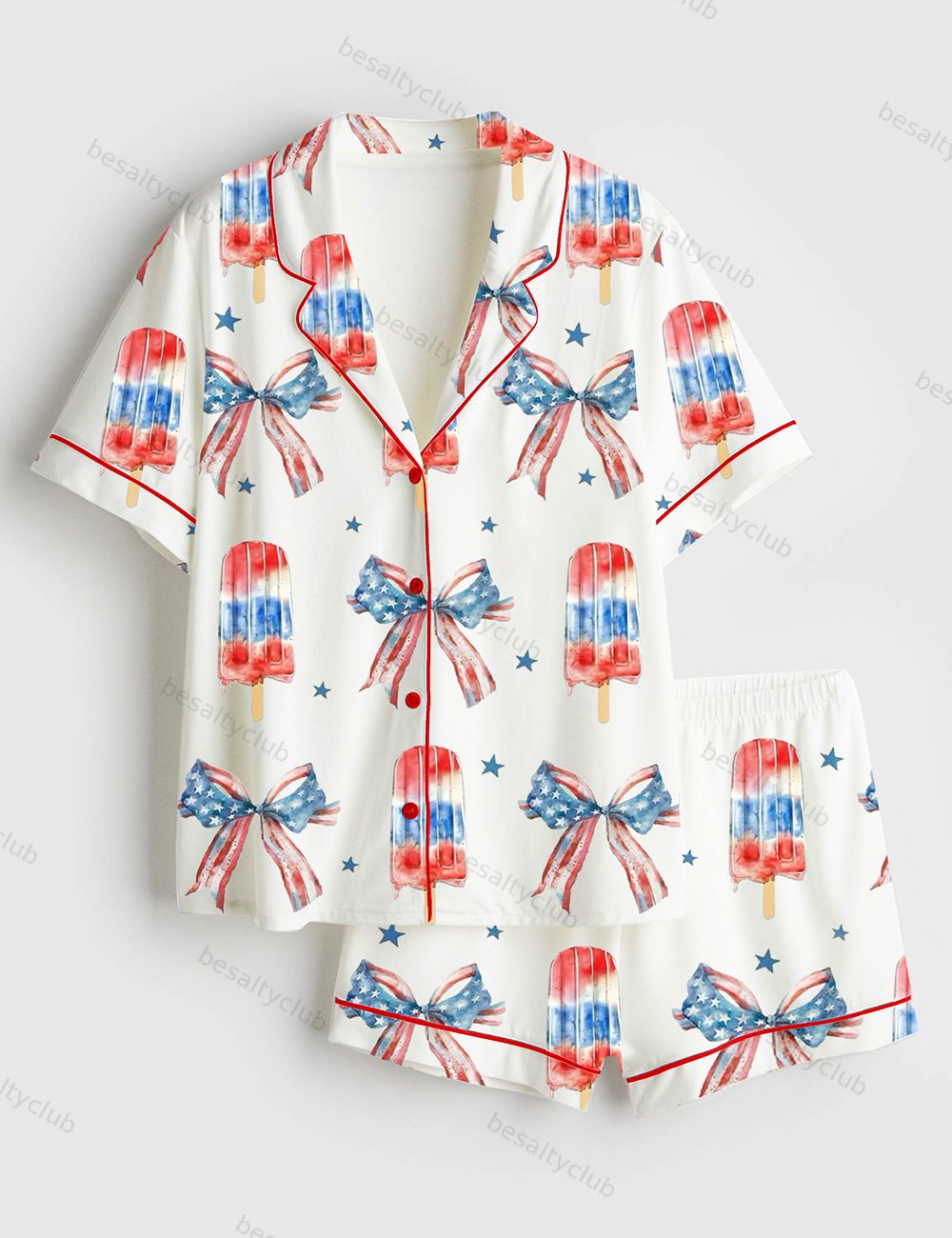Fourth of July Popsicle Patriotic Coquette Bow American Pride Red White Blue Short Sleeve Satin Pajama Set