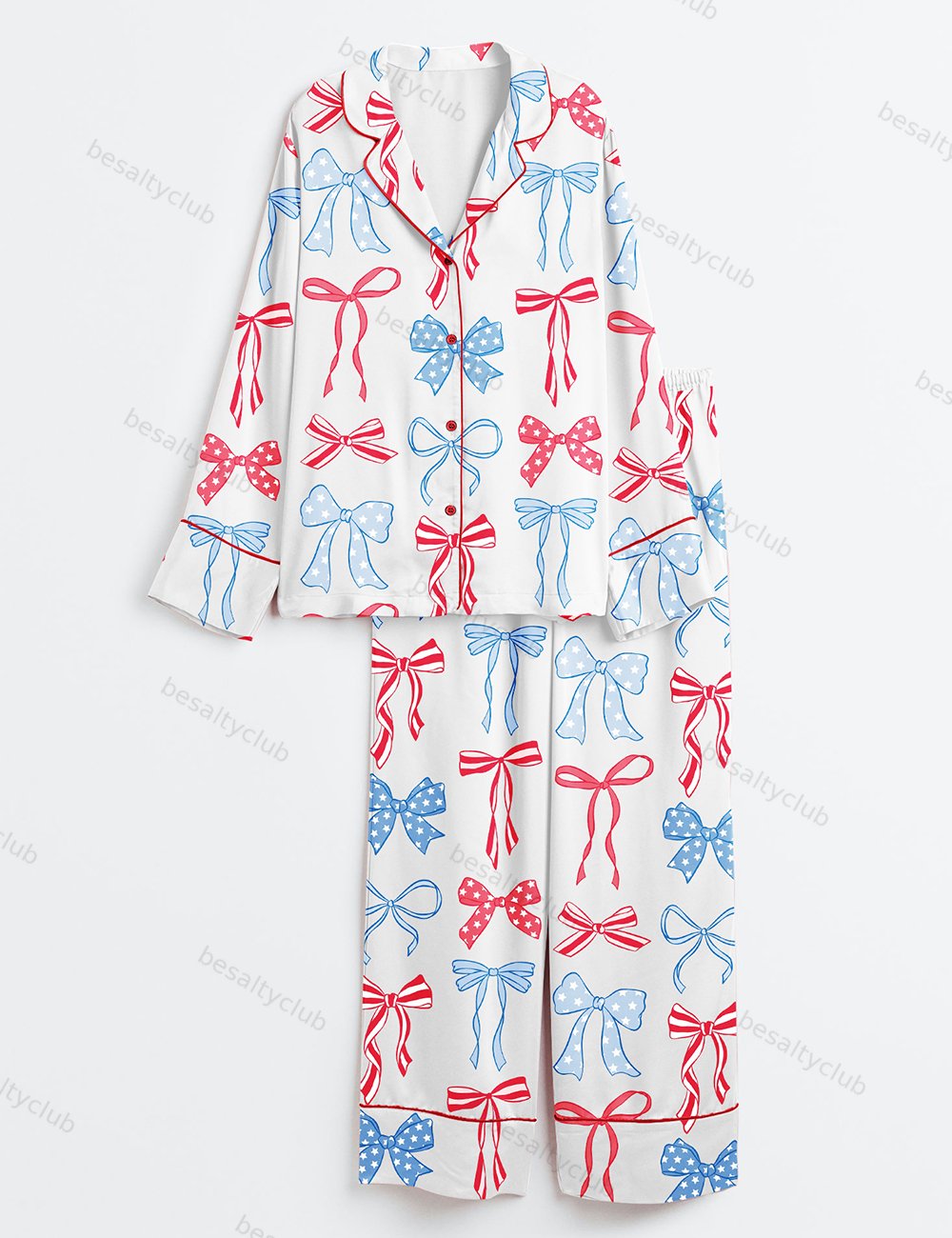 Patriotic American Bows 4th Of July Coquette Bows Print Long Sleeve Satin Pajama Set