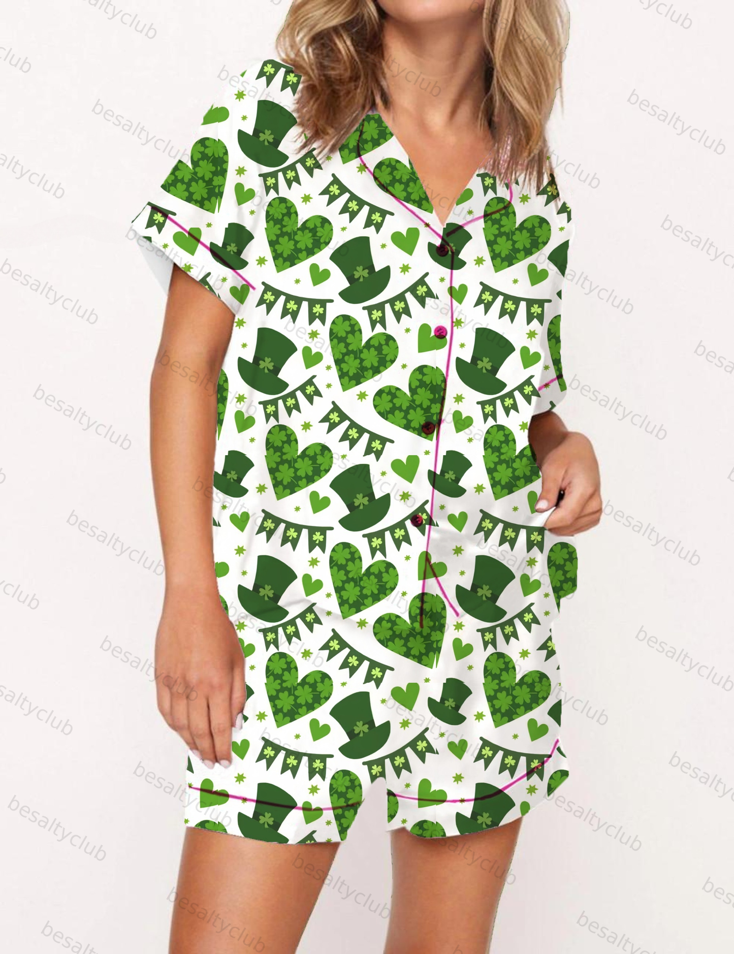 Green Heart Bunting Pattern Satin Pajama Short Set