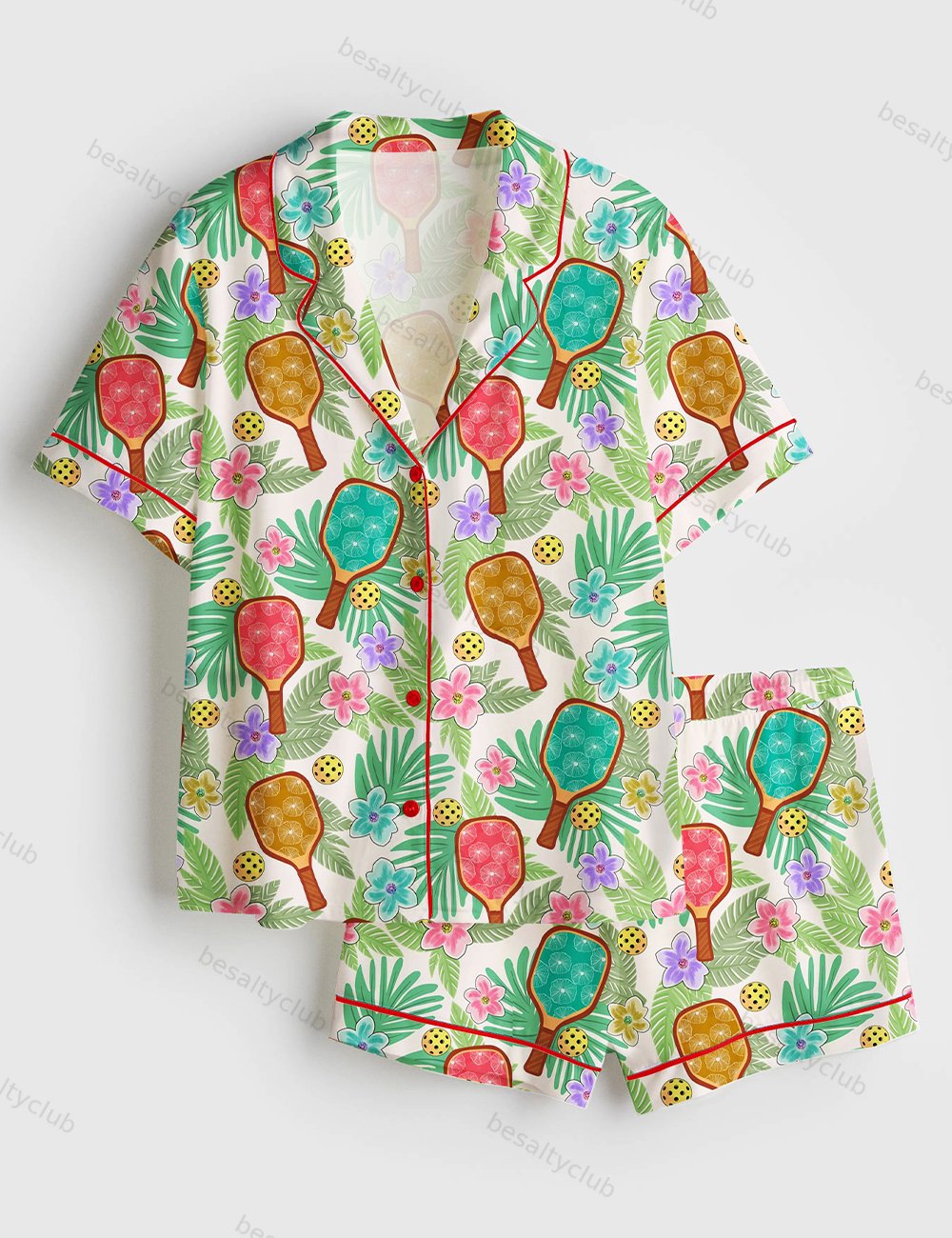 Tropical Pickleball Fun Vibrant Floral Game Day Sports Short Sleeve Satin Pajama Set