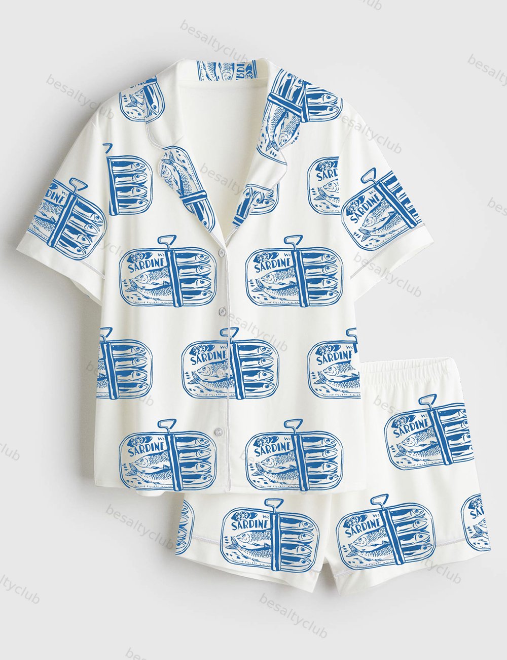 Sardines Tinned Fish Portugal Vintage Sardine Coastal Aesthetic Europe Travel Print Short Sleeve Satin Pajama Set