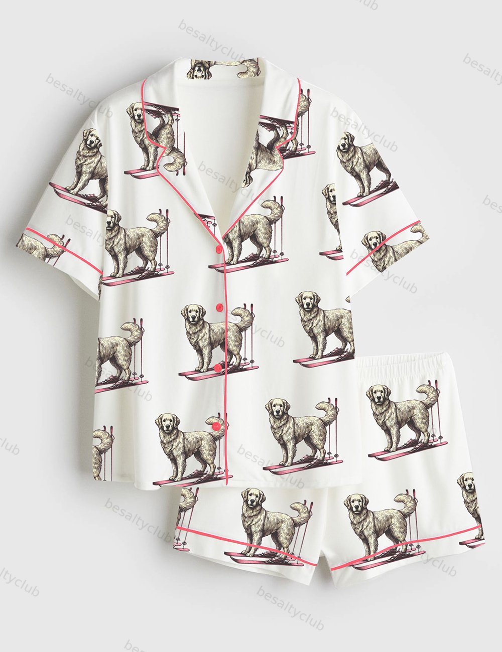 Golden Retriever Skiing Short Sleeve Satin Pajama Set