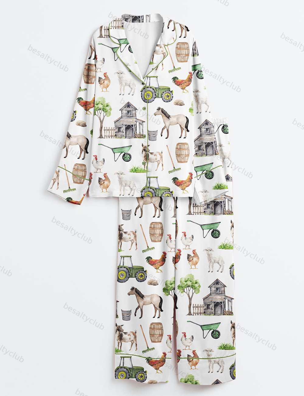 Watercolor Allover Goat Farm Long Sleeve Satin Pajama Set