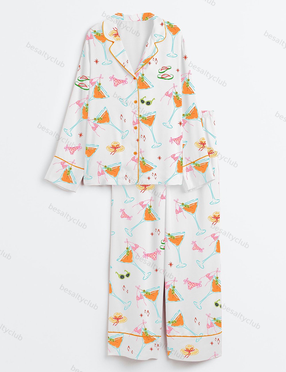 Bikinis And Martinis Bachelorette Party Cape Cod Girls Trip Summer Beach Print Long Sleeve Satin Pajama Set