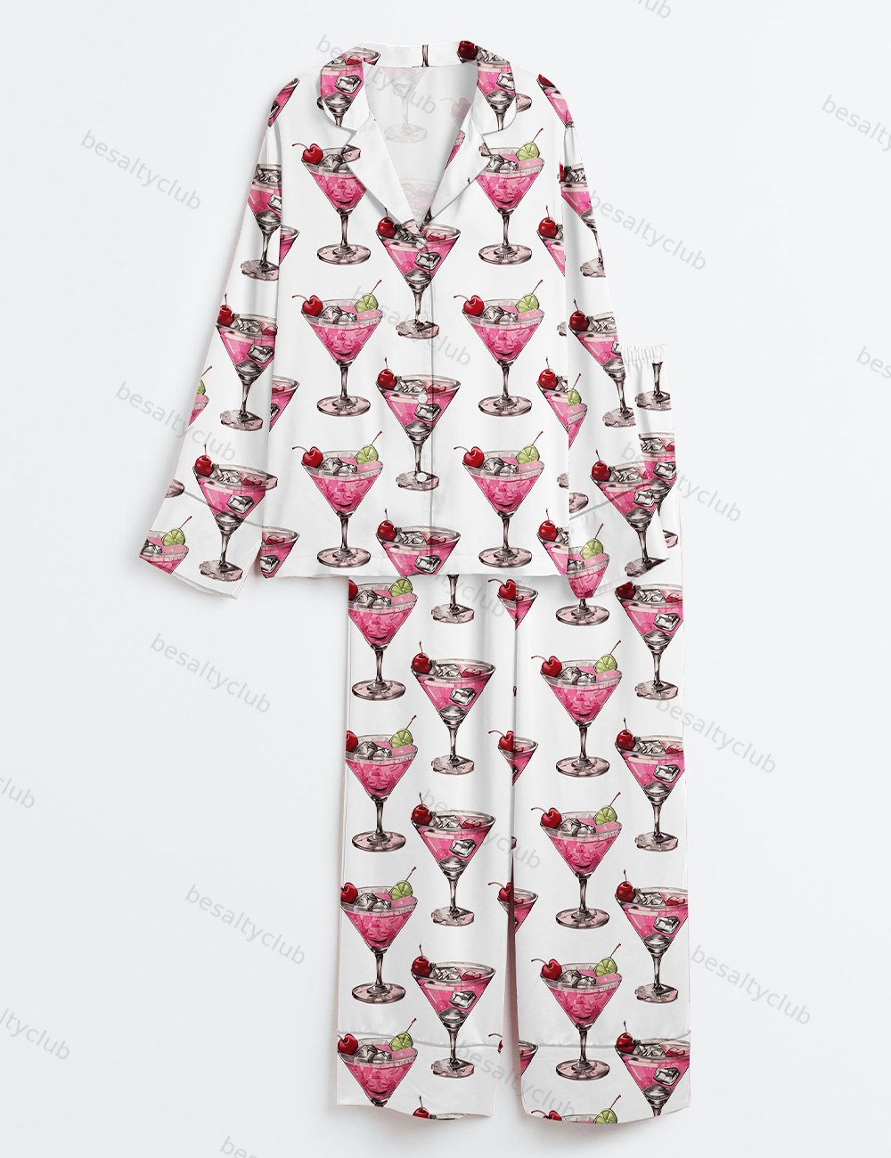 Cosmopolitan Cocktail Retro Bar Drink Long Sleeve Satin Pajama Set