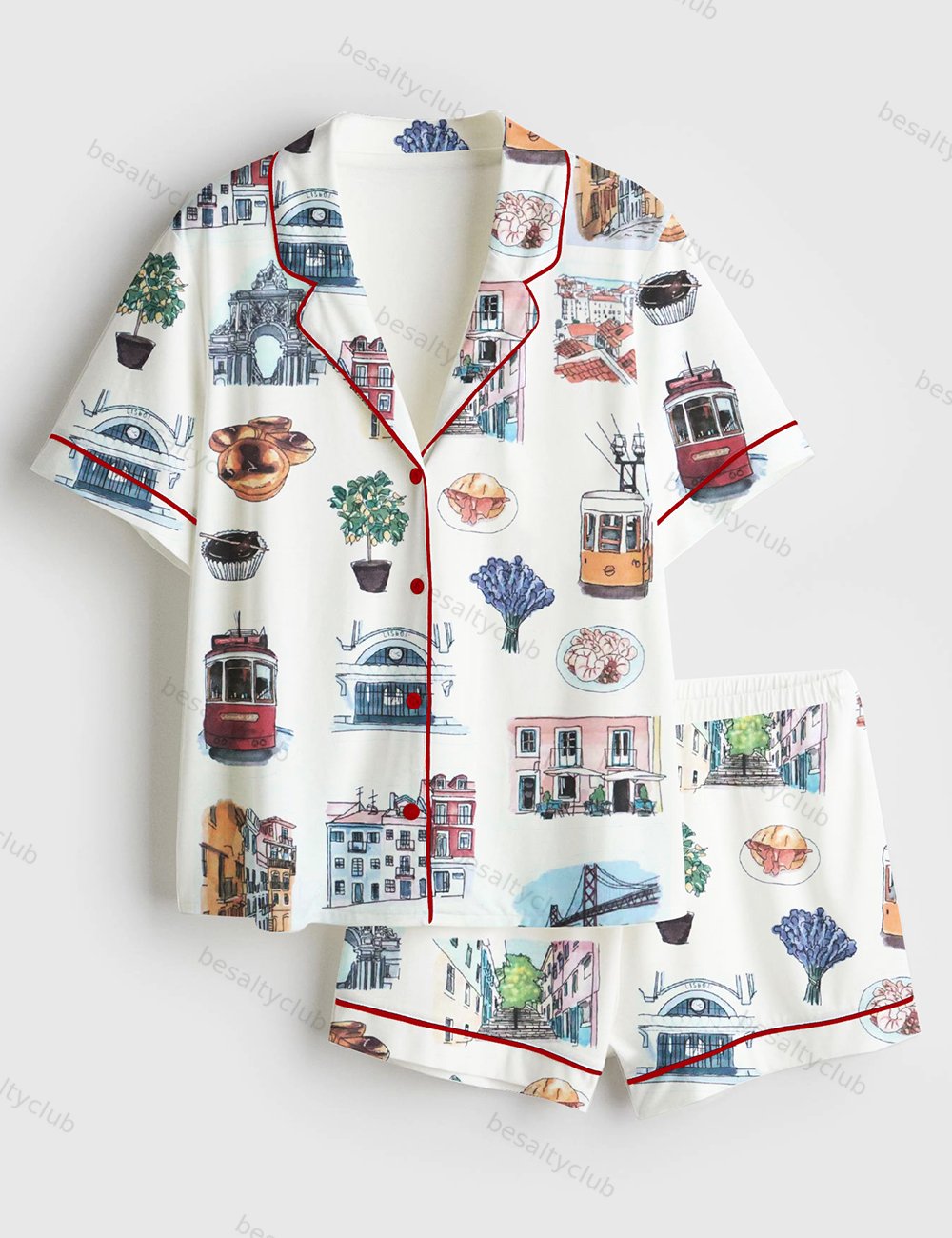 Lisbon Portugal Travel Short Sleeve Satin Pajama Set