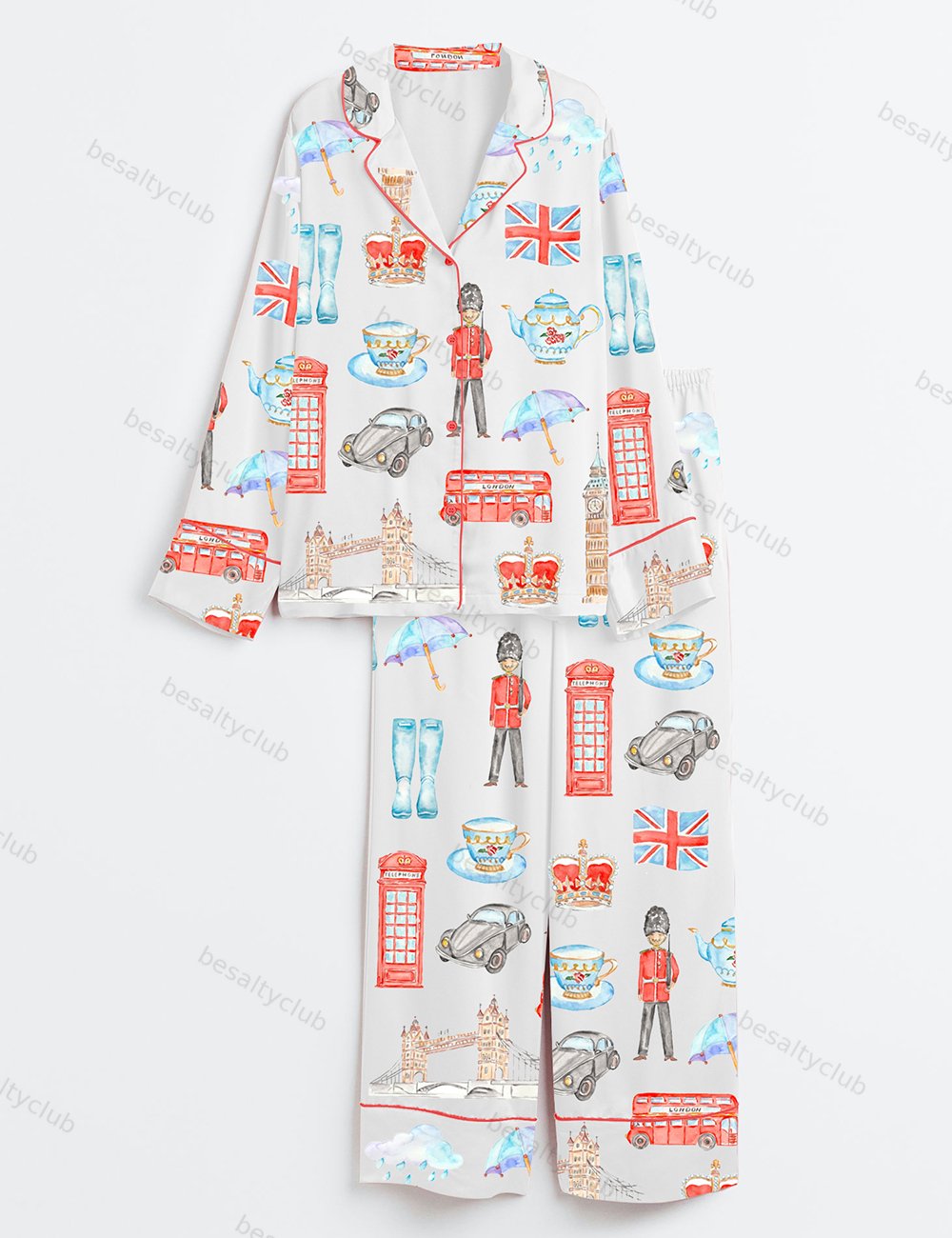 Watercolor London Art City Bus Sightseen Bridge Telephone Long Sleeve Satin Pajama Set