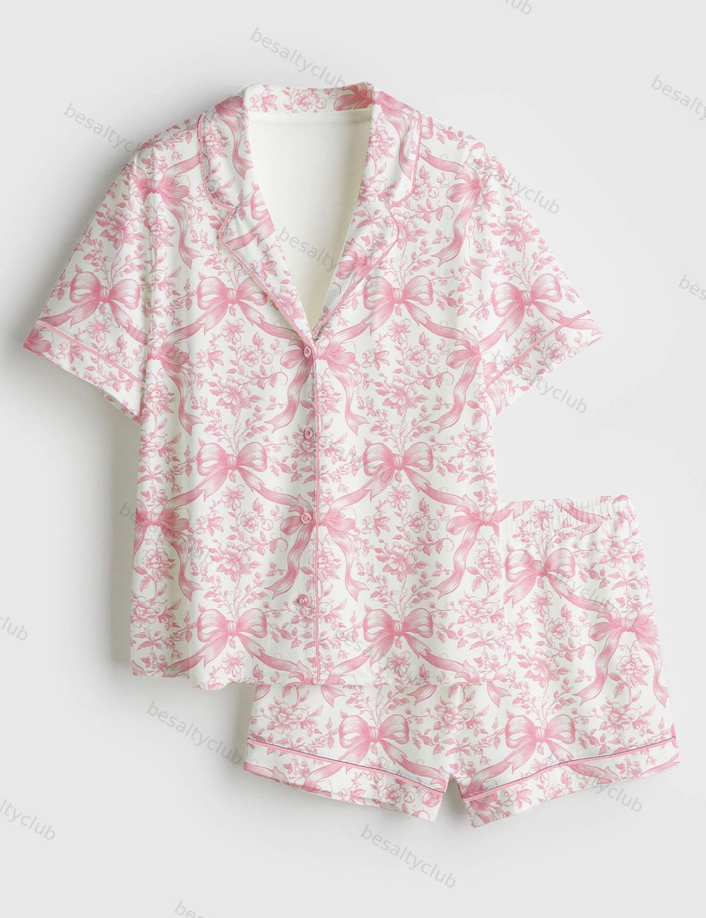 Pink Coquette Bows Floral Pattern Short Sleeve Satin Pajama Set