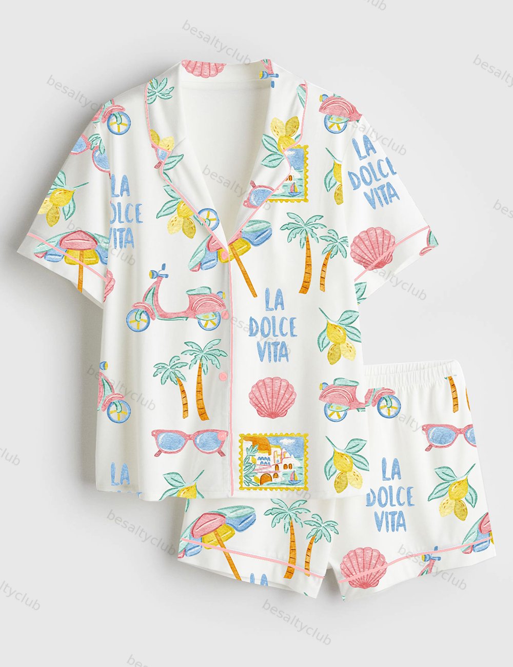 Summer Italian Beach Short Sleeve Satin Pajama Set