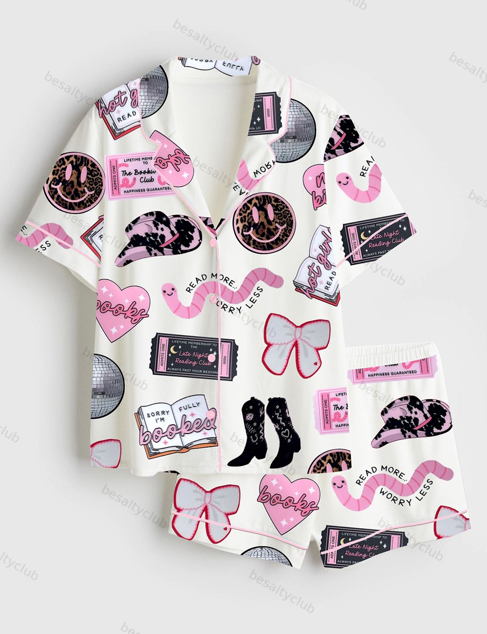 Disco Ball Cherries Smiley Bookworm Short Sleeve Satin Pajama Set