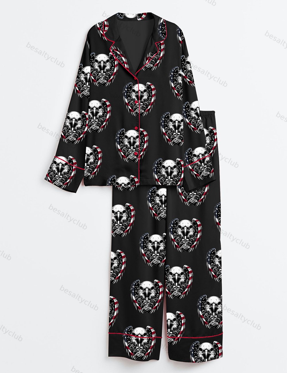 American Flag Eagle 4th Of July Eagle Through Flag Memorial Day Print Long Sleeve Satin Pajama Set