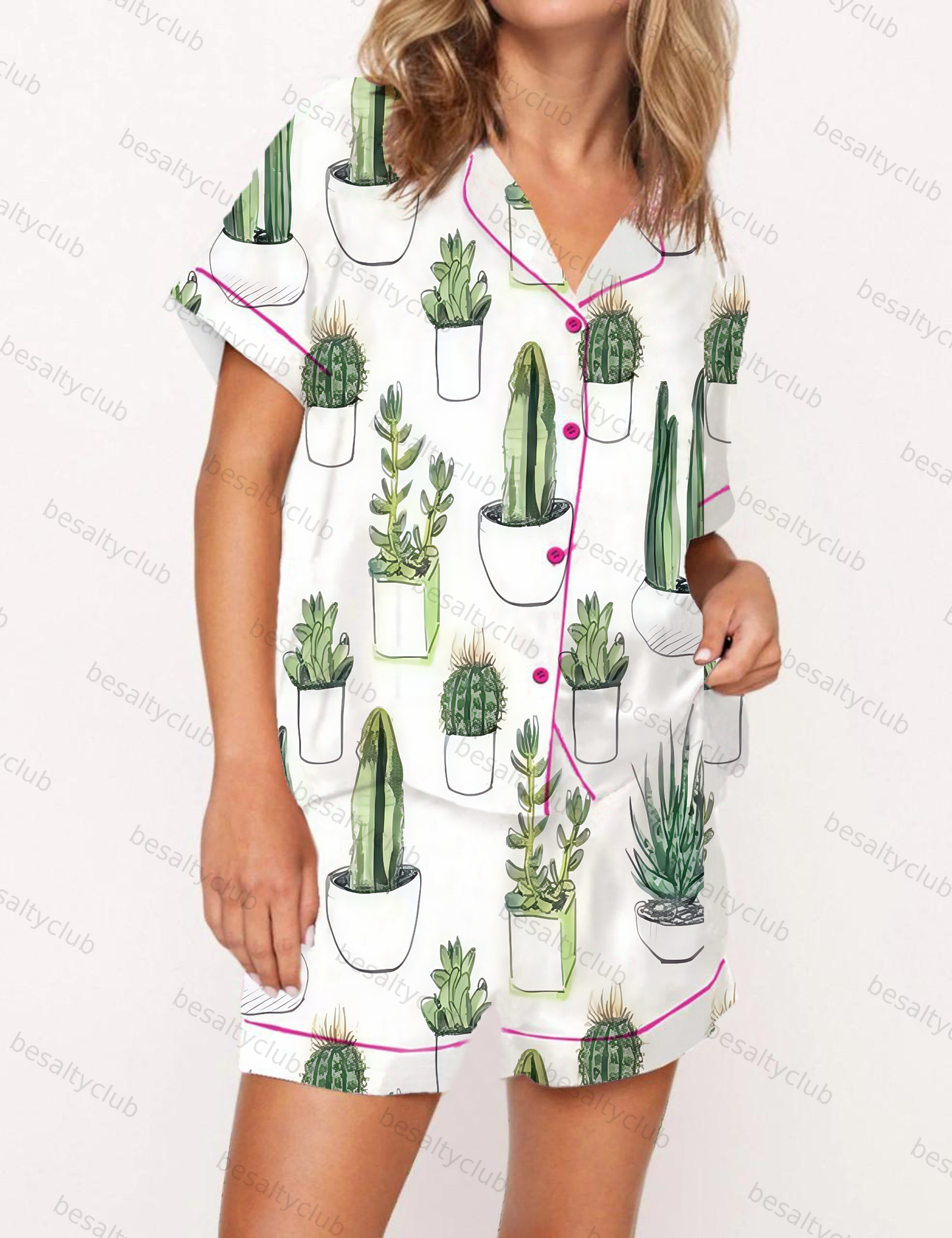 Cactus-in-pots Print Satin Pajama Short Set