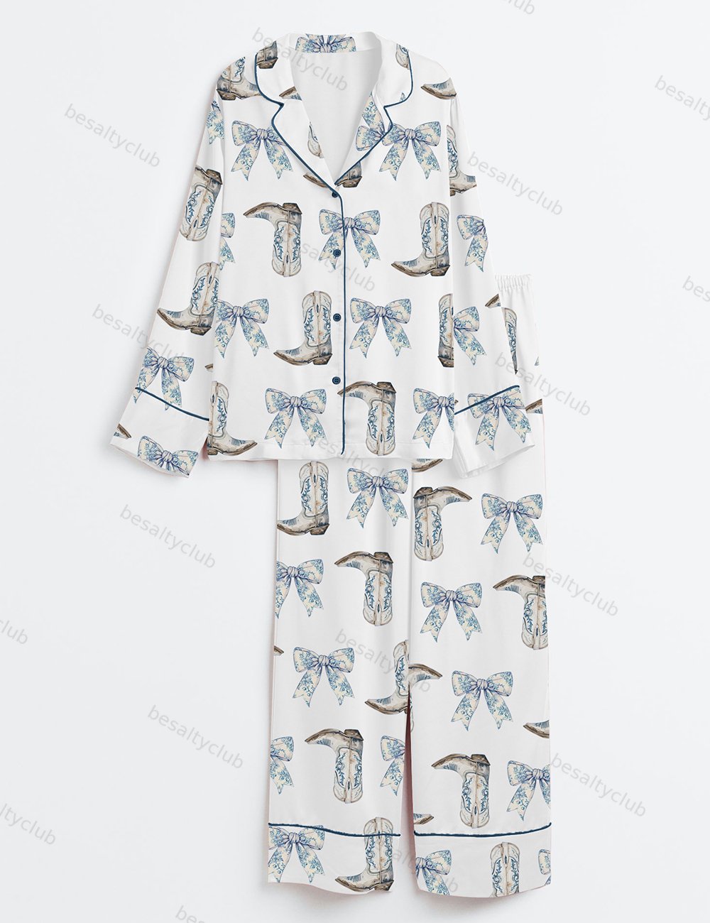 Coquette Blue Bow And Boots Cowgirl Long Sleeve Satin Pajama Set