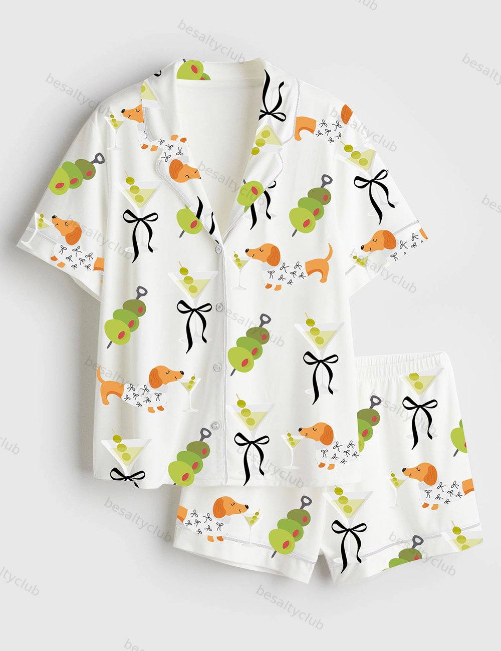 Dachshund Weenies And Tinis Bow Bachelorette Hot Dogs And Martinis Print Short Sleeve Satin Pajama Set
