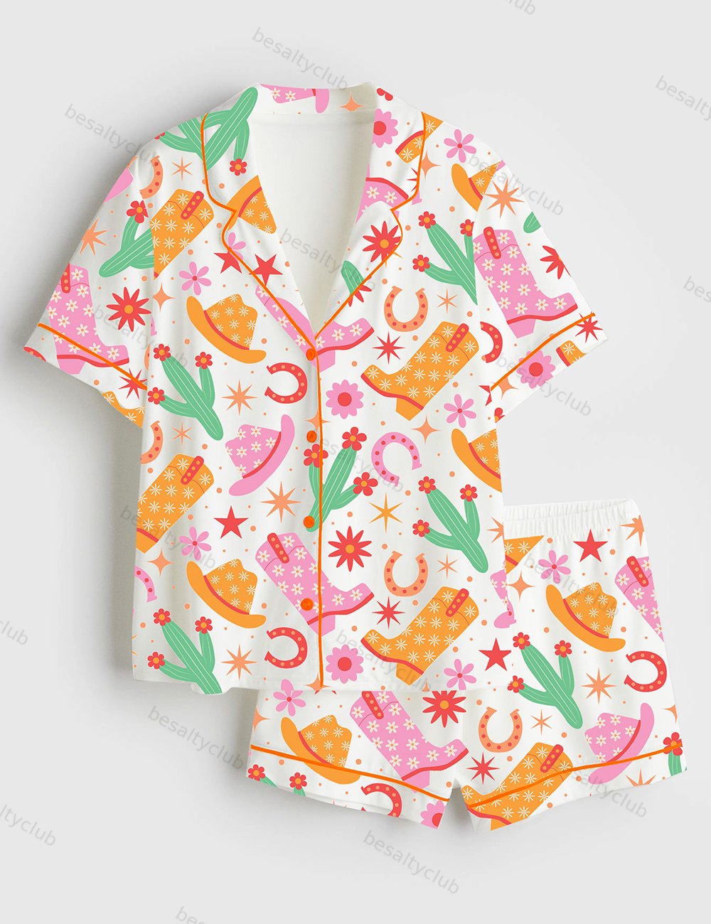 Retro Floral Cowgirl Boots Western Short Sleeve Satin Pajama Set