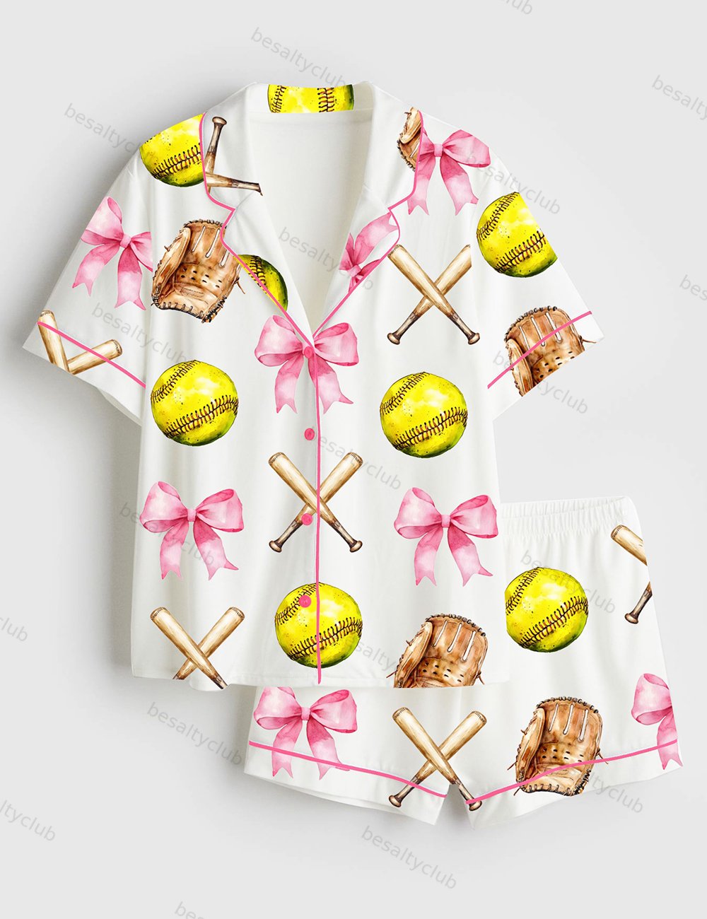 Softball Pink Coquette Bow Short Sleeve Satin Pajama Set