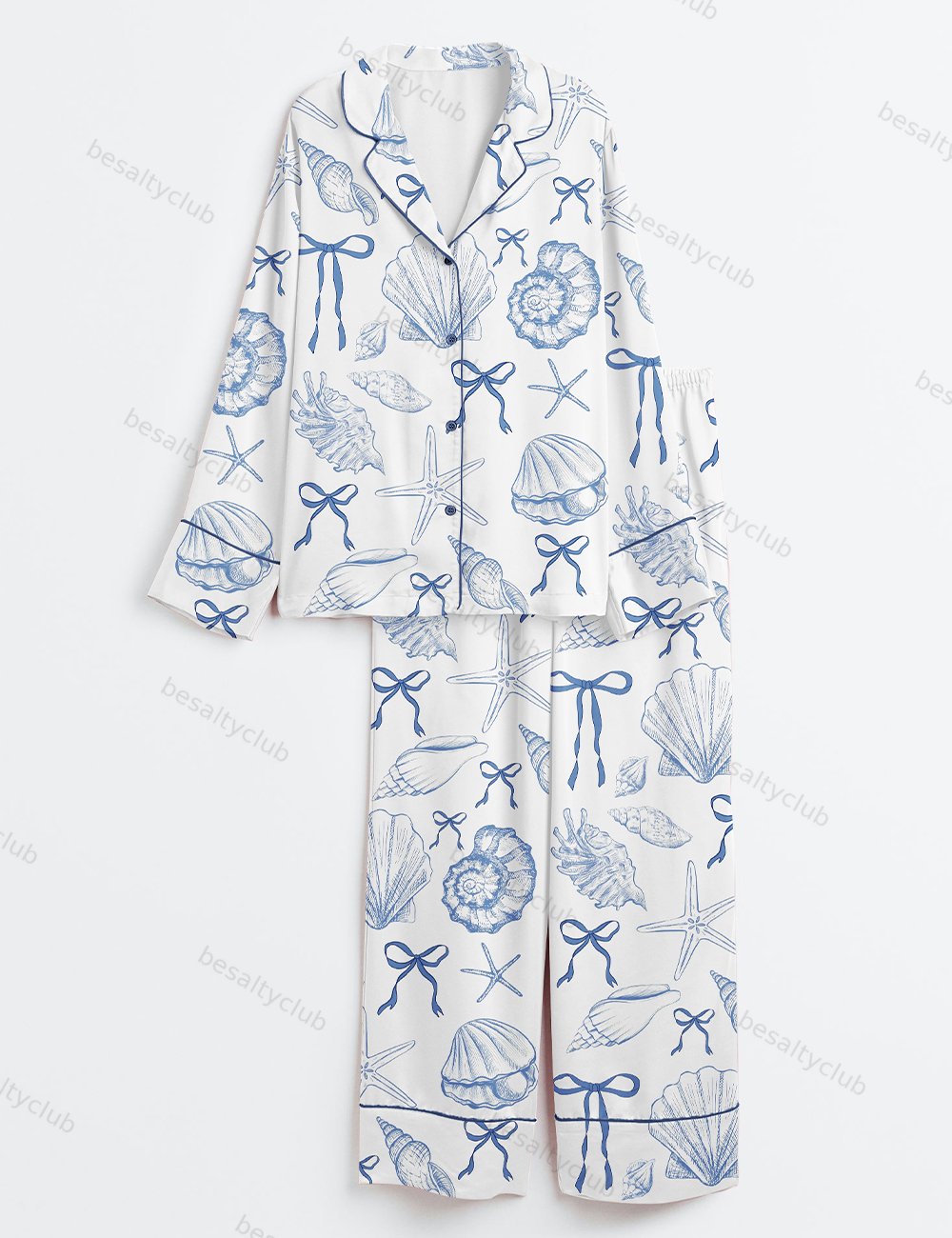 Coquette Seashell Beach Coastal Summer Vibes Print Long Sleeve Satin Pajama Set