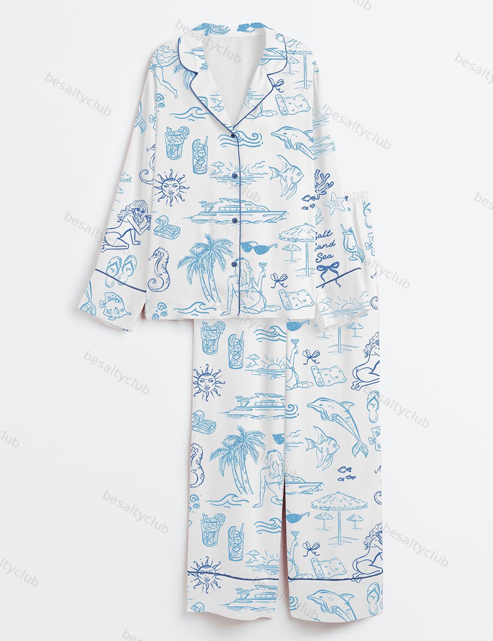 Coastal Seaside Ocean Bachelorette Party Long Sleeve Satin Pajama Set
