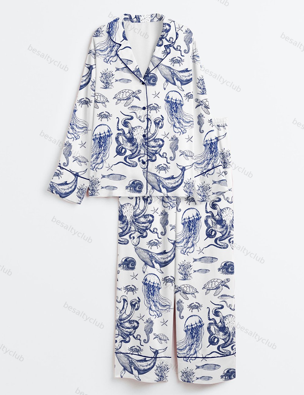 When You Go Through Deep Waters Christian Ocean Animal Print Long Sleeve Satin Pajama Set