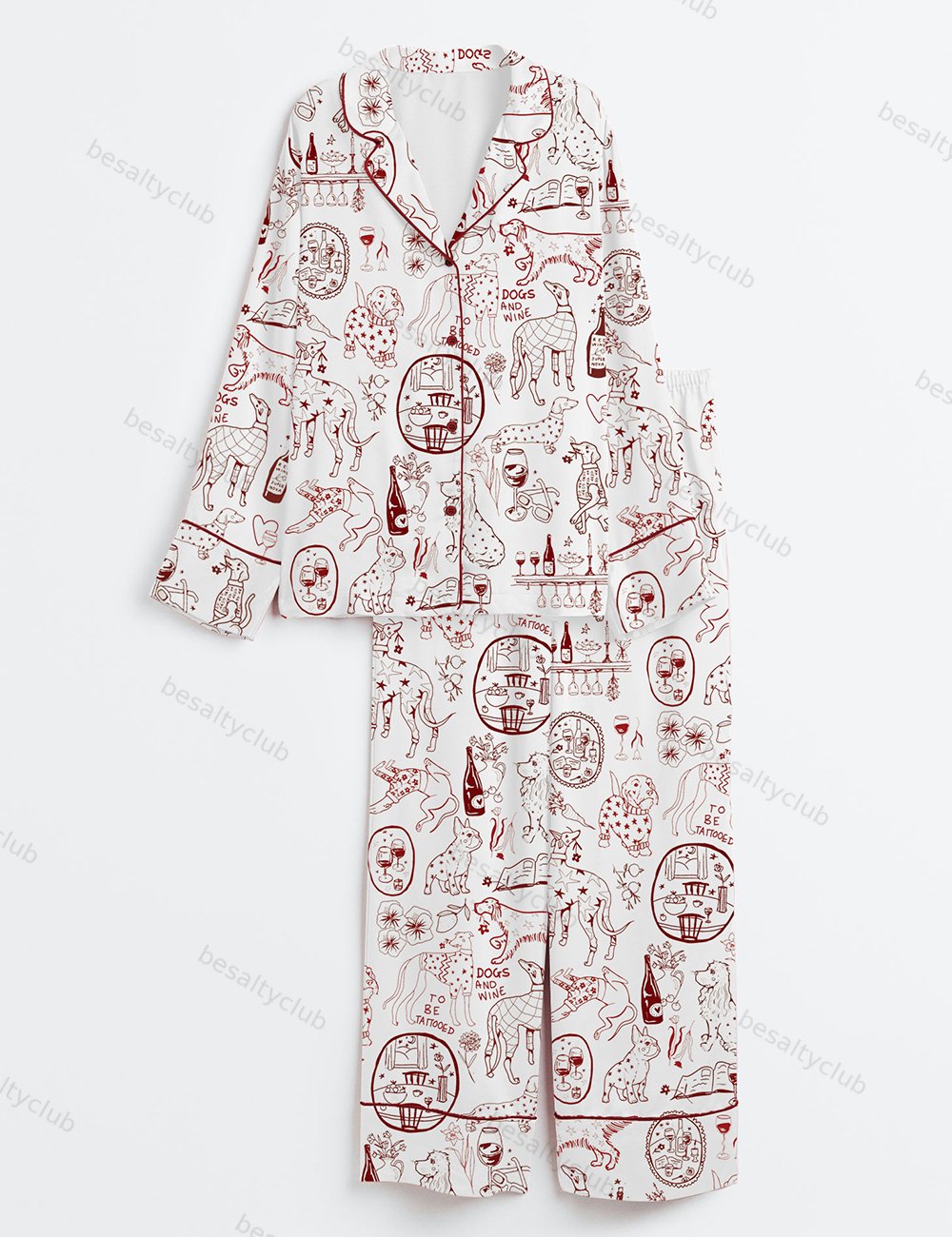 Dog And Wine Long Sleeve Satin Pajama Set