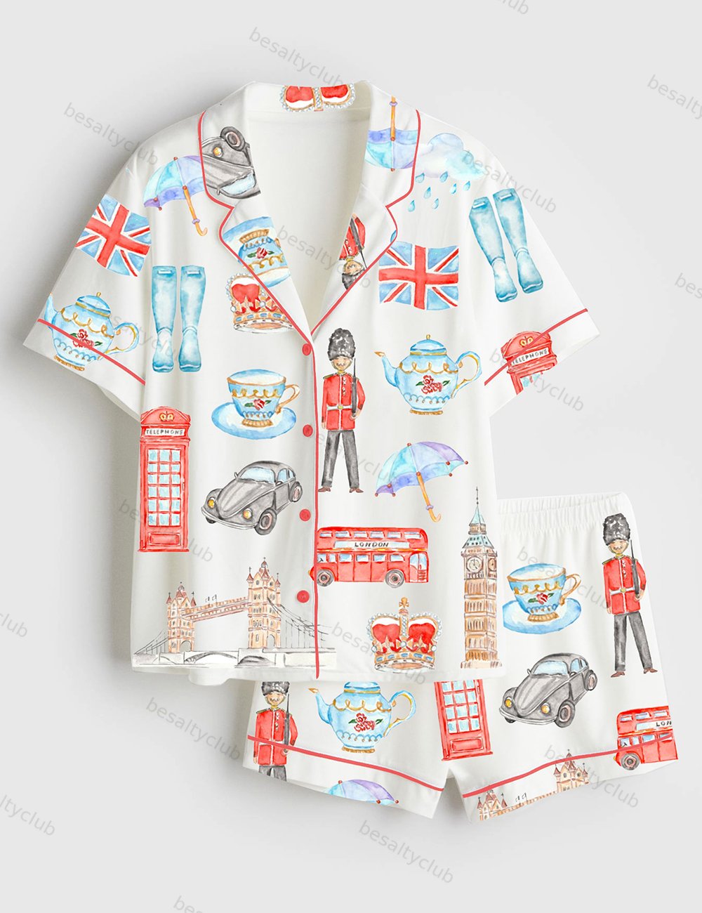 Watercolor London Art City Bus Sightseen Bridge Telephone Short Sleeve Satin Pajama Set