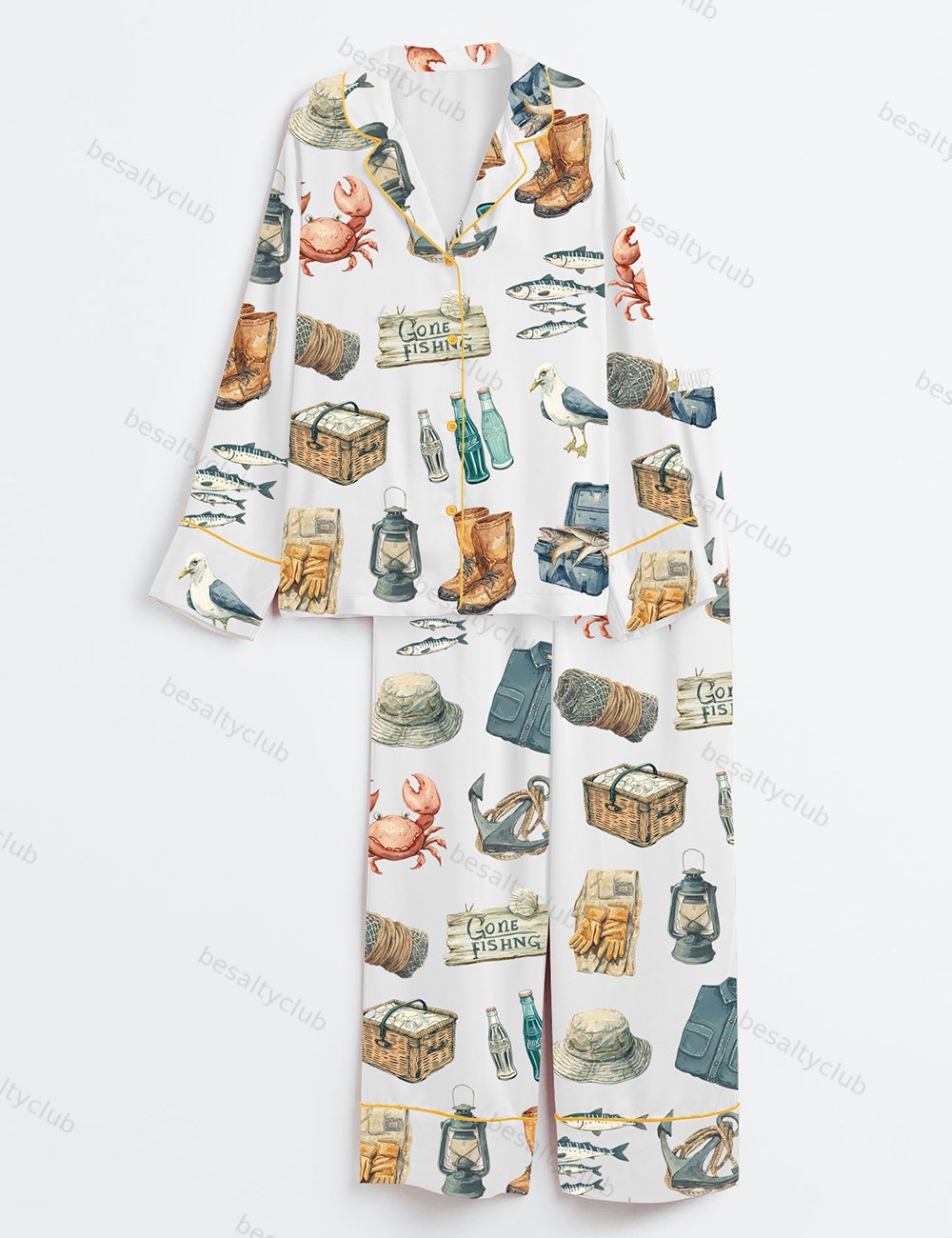 Nautical Watercolor Fisherman Aesthetic Fishing And Coastal Life Long Sleeve Satin Pajama Set